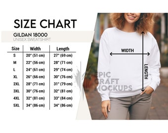 Gildan 18000 Size Chart Woman Lifestyle White, Size Chart Gildan Unisex 18000, Sweatshirt Oversized Size Chart, Crewneck Mockup Size Chart