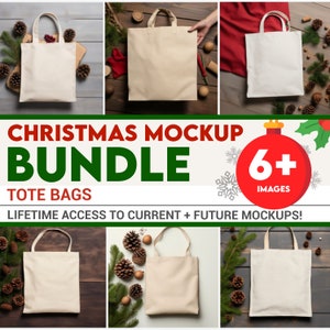 Christmas Tote Bag Mockup Bundle Natural Canvas, Tote Bag Mock Up Shopping Bag Mockup, Natural Tote Bag Mock Bundle Canvas Bag Mockup Xmas