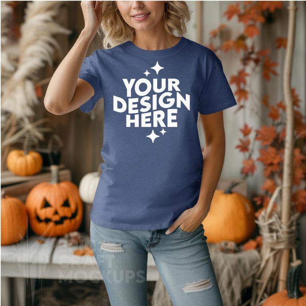 China Blue Halloween Comfort Colors 1717 Mockup Tshirt Woman Fall, Model Women POD CC 1717 Print On Demand Autumn Pumpkin Fashion