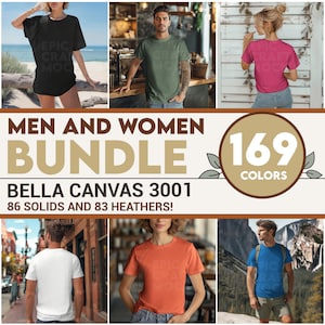 May include: A bundle of 169 Bella Canvas 3001 t-shirts in various colors. The bundle includes 86 solid colors and 83 heather colors. The image shows a variety of models wearing different colors of the t-shirts.