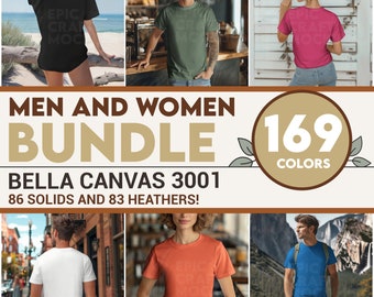 Bundle Back Front Women Men Bella Canvas 3001 Mockup Bundle Tshirt Women, POD BC 3001 Styled Shirt Mock-Up Summer Tee, Model Mock Up Heather