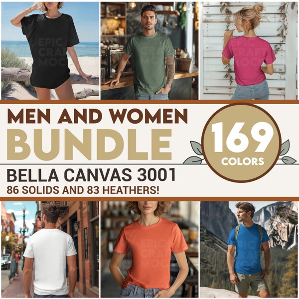 Bundle Back Front Women Men Bella Canvas 3001 Mockup Bundle Tshirt Women, POD BC 3001 Styled Shirt Mock-Up Summer Tee, Model Mock Up Heather