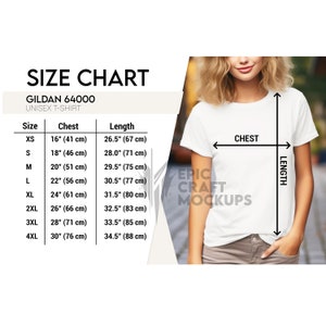 Gildan 64000 Size Chart Woman Lifestyle White, Gildan 64000 T-Shirt Size Chart Mockup, Unisex G640 Tee Size Chart, Tshirt Gildan Size Chart