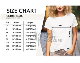 Gildan 64000 Size Chart Woman Lifestyle White, Gildan 64000 T-Shirt Size Chart Mockup, Unisex G640 Tee Size Chart, Tshirt Gildan Size Chart