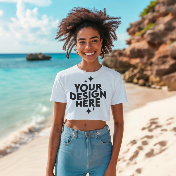 WHITE Bella Canvas 8882 Mockup Black Women Flowy Cropped Tee