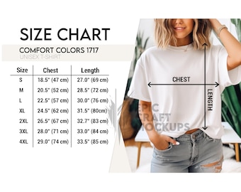 Comfort Colors Size Chart Woman Lifestyle White C1717, Oversized Comfort Colors 1717 Size Chart, Unisex Size Chart Mockup