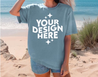 Ice Blue Comfort Colors 1717 Mockup Summer Beach Woman Oversized Tshirt, POD Comfort Colors Mock Up T-Shirt CC1717, Model Print On Demand