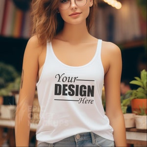 White Next Level 1533 Mockup Tank Top, Young Lady Styled Shirt Mockup, Outdoor, Women T-shirt Mockup, Casual Wear Mockup, Summer Tee Mockup