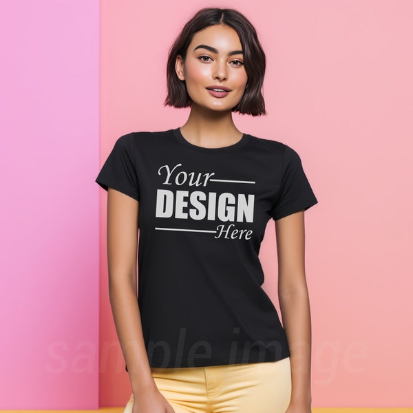 Bella Canvas 3001 Mockup Latin Woman Tshirt Black, Pastel Shades Background Womens Tee Mock, Summer Mockup Women T-shirt Trendy Mock