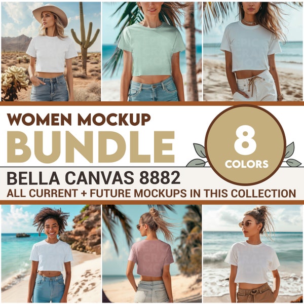 Bella Canvas 8882 Mockup Bundle Flowy Crop Top T-Shirt, Summer Beach POD Tshirt Model Mock Up, BC 8882 Print On Demand Whole Section Bundle