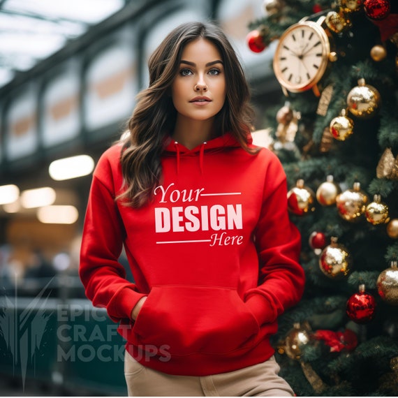 Gildan 18500 Mockup Christmas Decor Red Brunette Woman Hoodie Mockup, Gildan Sweatshirt Mockup, Young Adult Fashion Mockup Clothing Apparel