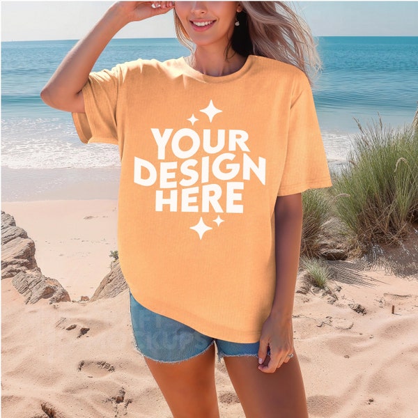 Neon Cantaloupe Comfort Colors 1717 Mockup Summer Beach Woman Oversized Tshirt, POD Comfort Colors Mock Up T-Shirt CC1717 Print On Demand