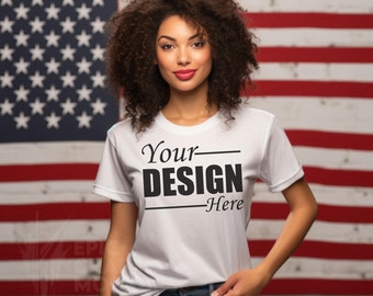 Bella Canvas 3001 Mockup White Tshirt Womens Tee Mock, 4th of July Veterans Day, Bella Canvas Model American Flag Patriotic Independence Day