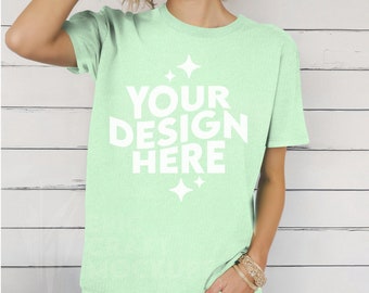 MINT GREEN Gildan 64000 Mockup Young Woman Tshirt, POD G64000 Boho Styled Shirt Mock Up Summer Tee, Trendy Print On Demand Casual Wear