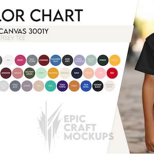 Carta de colores Bella Canvas 3001Y Camiseta Joven Niño, Tabla de colores POD BC 3001Y Camiseta, Guía de colores de camisetas Bella Canvas 3001Y Perfil de color