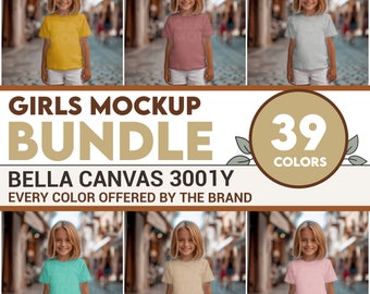Bella Canvas 3001Y Bundle Kids Girl Shirt Mockup Summer, Street Youth Tee Mock Trendy Outdoor T-Shirt, Children POD Print On Demand Juvenile
