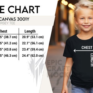 Bella Canvas 3001Y Tabla de tallas, Tabla de tallas de camisas juveniles, Tabla de tallas de camisetas para niños, Medidas de camisetas, Bella Canvas 3001Y Guía de tallas Chica