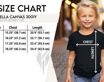 Bella Canvas 3001Y Size Chart, Youth Shirt Size Chart, Kids Tshirt Sizing Chart, T-Shirt Measurements, Bella Canvas 3001Y Size Guide Girl