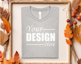 VINTAGE WHITE Bella Canvas 3001 Folded Mockup Fall, Boho Autumn Flat Lay Tshirt Mock-up, Folded T-shirt Flatlay Mockup POD Tee Photo