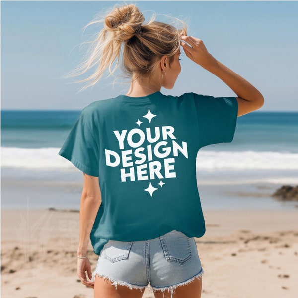 Topaz Blue Back Comfort Colors 1717 Mockup Summer Beach Woman Oversized Tshirt, POD Mock Up T-Shirt CC1717 Model Print On Demand