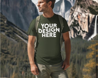 T-shirt pour homme en toile Bella, vert militaire, 3001, maquette pour homme, randonnée en plein air, modèle homme pour homme, POD BC BC 3001, impression à la demande