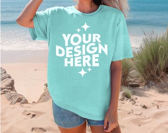 Chalk Mint Comfort Colors 1717 Mockup Summer Beach Woman Oversized Tshirt, POD Comfort Colors Mock Up T-Shirt CC1717, Model Print On Demand