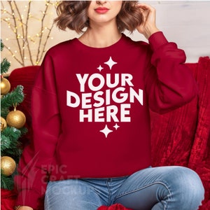 Cardinal Red Christmas Gildan 18000 Mockup Xmas Woman Sweatshirt Oversized, POD Holidays Mock Up Sweater G18000 Print On Demand Winter