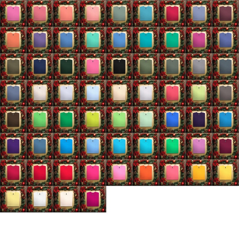 May include: A collection of 48 different coloured t-shirts displayed in a grid pattern. Each t-shirt is framed with a decorative gold frame and a green garland.