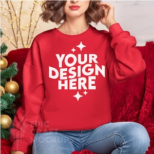 Red Christmas Gildan 18000 Mockup Xmas Woman Sweatshirt Oversized, POD Holidays Mock Up Sweater G18000 Print On Demand Winter
