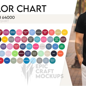 Puede incluir: Carta de colores para camisetas unisex Gildan 64000. La carta muestra una variedad de colores, incluyendo negro, blanco, rojo, azul, verde y amarillo. La carta está etiquetada con el nombre del color y la muestra de color correspondiente.