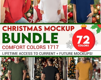 May include: A Christmas mockup bundle featuring 72 colors of t-shirts. The image shows a variety of t-shirt colors and styles, including red, white, blue, green, black, and yellow. The text "CHRISTMAS MOCKUP BUNDLE COMFORT COLORS 1717 72 COLORS LIFETIME ACCESS TO CURRENT + FUTURE MOCKUPS!" is displayed on the image.
