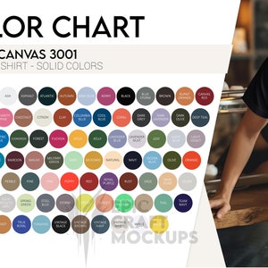 Carta de colores sólidos Bella Canvas 3001 Camiseta Hombre, Tabla de colores POD BC 3001 Camiseta, Guía de colores de camisetas Bella Canvas 3001 Perfil de color Hombre