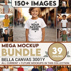 Pacote de maquete de camisa infantil menino menina Bella Canvas 3001Y, pacote de seção inteira camiseta mock up pacote de camiseta moderna para atividades ao ar livre, POD infantil BC3001Y