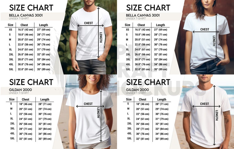 Mockup Size Chart Bundle Woman and Man Lifestyle White, Bella Canvas 3001 Size Chart Gildan, Comfort Colors Size Chart, Tshirt Sizing Chart image 3