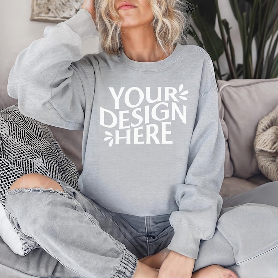 SPORTS GREY Gildan 18000 Mockup Pretty Woman Sweatshirt Crewneck, Boho Style Apparel Mockup Trendy Fashion Studio Shot, Casual POD G18000