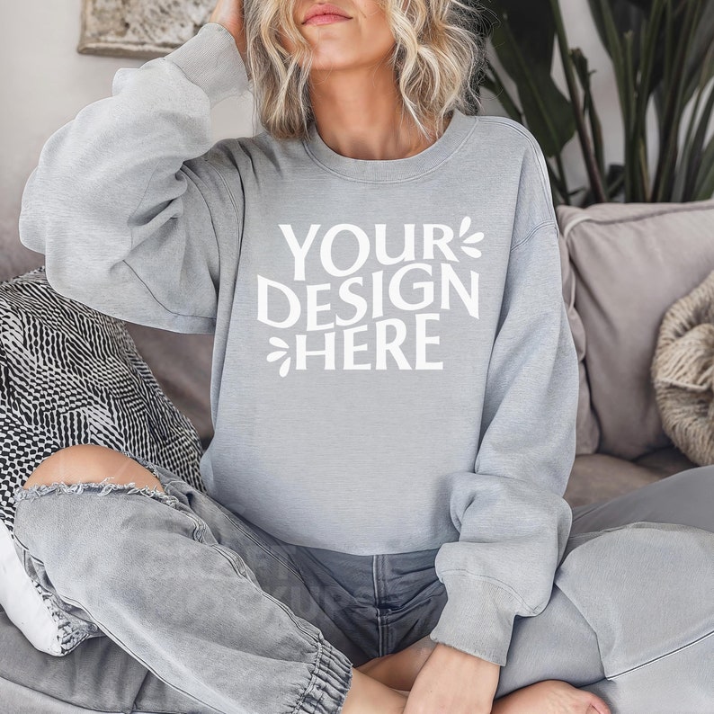 SPORTS GREY Gildan 18000 Mockup Pretty Woman Sweatshirt Crewneck, Boho Style Apparel Mockup Trendy Fashion Studio Shot, Casual POD G18000 image 1