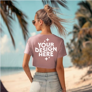 MAUVE Back Bella Canvas 8882 Mockup Flowy Crop Top T-Shirt, Summer Beach POD Tshirt Model Mock Up, BC 8882 Print On Demand Trendy