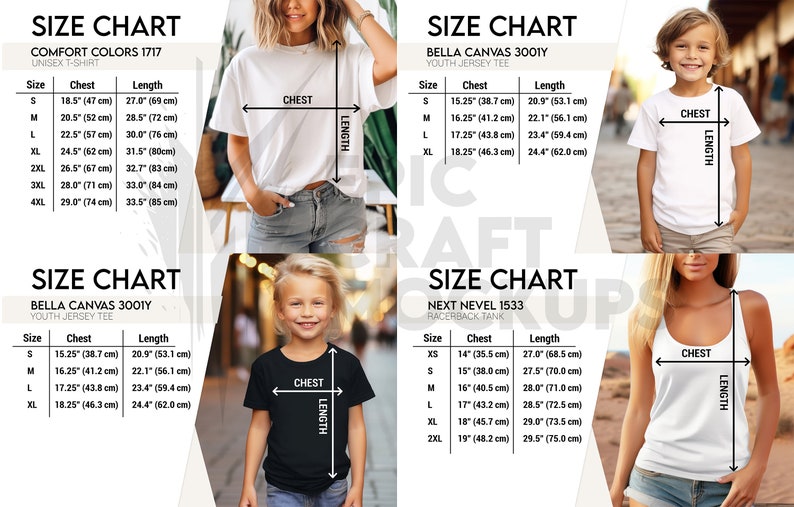 Mockup Size Chart Bundle Woman and Man Lifestyle White, Bella Canvas 3001 Size Chart Gildan, Comfort Colors Size Chart, Tshirt Sizing Chart image 5