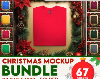 Gildan 64000 Christmas Mockup Bundle Folded | Gildan 64000 Folded Tshirt Mockup Bundle, Styled Flat Lay G64000 Tshirt Mock Up POD Holidays