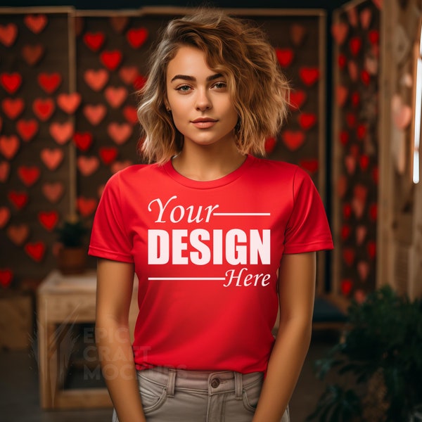 Bella Canvas 3001 Mockup Tshirt Valentines Day Red Shirt, Female Model Love Elegant Women's Tee Mock, Romantic Fashion Mockup POD BC 3001