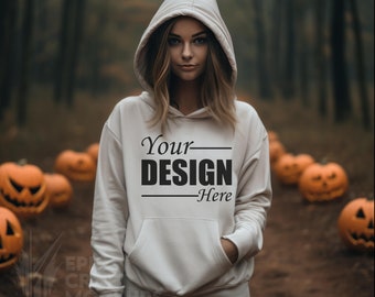 Gildan 18500 Mockup Halloween Pumpkins White Hoodie Young Woman Model, Sweatshirt Mockup Trendy Fashion Mockup, Casual Clothing Mockup