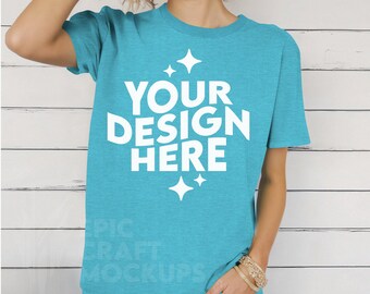 Heather Galapagos Blue Gildan 64000 Mockup Young Woman Tshirt, POD G64000 Boho Styled Shirt Mock Up Summer Tee, Print On Demand Casual Wear