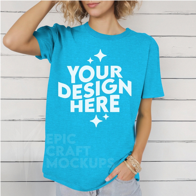 HEATHER SAPPHIRE Gildan 64000 Mockup Young Woman Tshirt, POD G64000 Boho Styled Shirt Mock Up Summer Tee, Trendy Print On Demand Casual Wear image 1