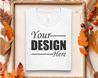 WHITE Bella Canvas 3001 Folded Mockup Fall, Boho Autumn Flat Lay Tshirt Mock-up, Folded T-shirt Flatlay Mockup POD Tee Photo Studio Shot