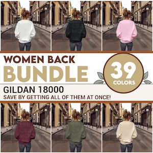 Indietro Donna Gildan 18000 Mockup Bundle Felpa Donna, POD G18000 Maglione Mock Up Modello Urban Street Casual Mock-Up Modello Inverno Autunno