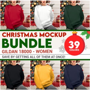 Christmas Tree Women Bundle Gildan 18000 Mockup Sweatshirt Woman Winter, POD Sweater Mock Up Model Casual Mock-Up Model Sweater Xmas Holiday