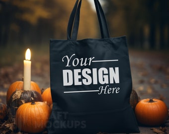 Halloween Tote Bag Mockup Tela nera, Tote Bag Mock up Autunno Shopping Bag Mockup Autunno, Halloween Tote Bag Mock Up Borsa di tela Mockup Mock