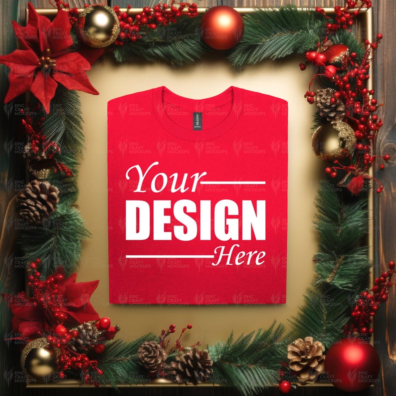 May include: Red t-shirt with a white design that says "Your Design Here" surrounded by a Christmas wreath with pine branches, red berries, and gold baubles.