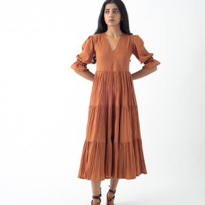 Organic Cotton Midi Dress, Burnt Toffee Tiered and Layered Dress, Boho Tunic with Pockets, Comfortable Loose Fit, Plus Size, Custom Sizing