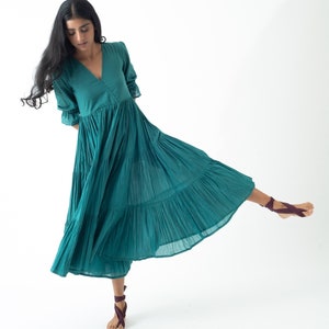 Organic Cotton Midi Dress, Teal Blue Tiered and Layered Dress, Boho Tunic with Pockets, Comfortable Loose Fit, Plus Size, Custom Sizing image 1
